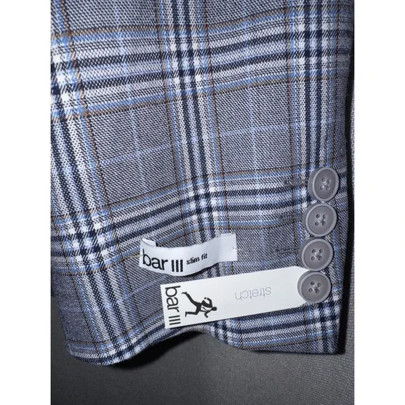 New w/ Tags Bar III Mens Slim Fit Plaid Stretch Blazer Suit Jacket Blue Grey 42L